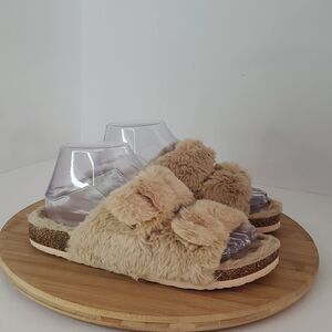 Fitory Faux Rabbit Fur Open Toe Slippers Cork Slide Sandals Beige Women's Size 7